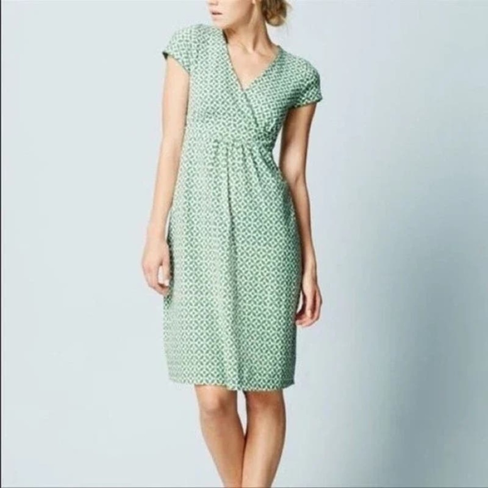 Boden Midi Dress Womens Sz 8 P Lola Green Geometric Faux Wrap V Neck Jersey Knit